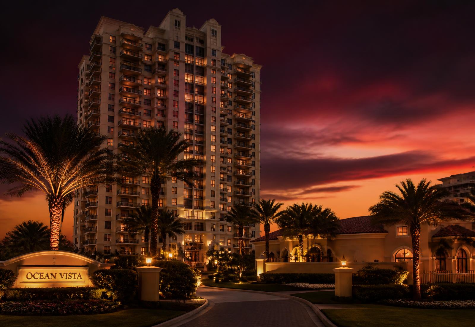 Florida condominium and HOA waterfront community at sunset under professional community association management